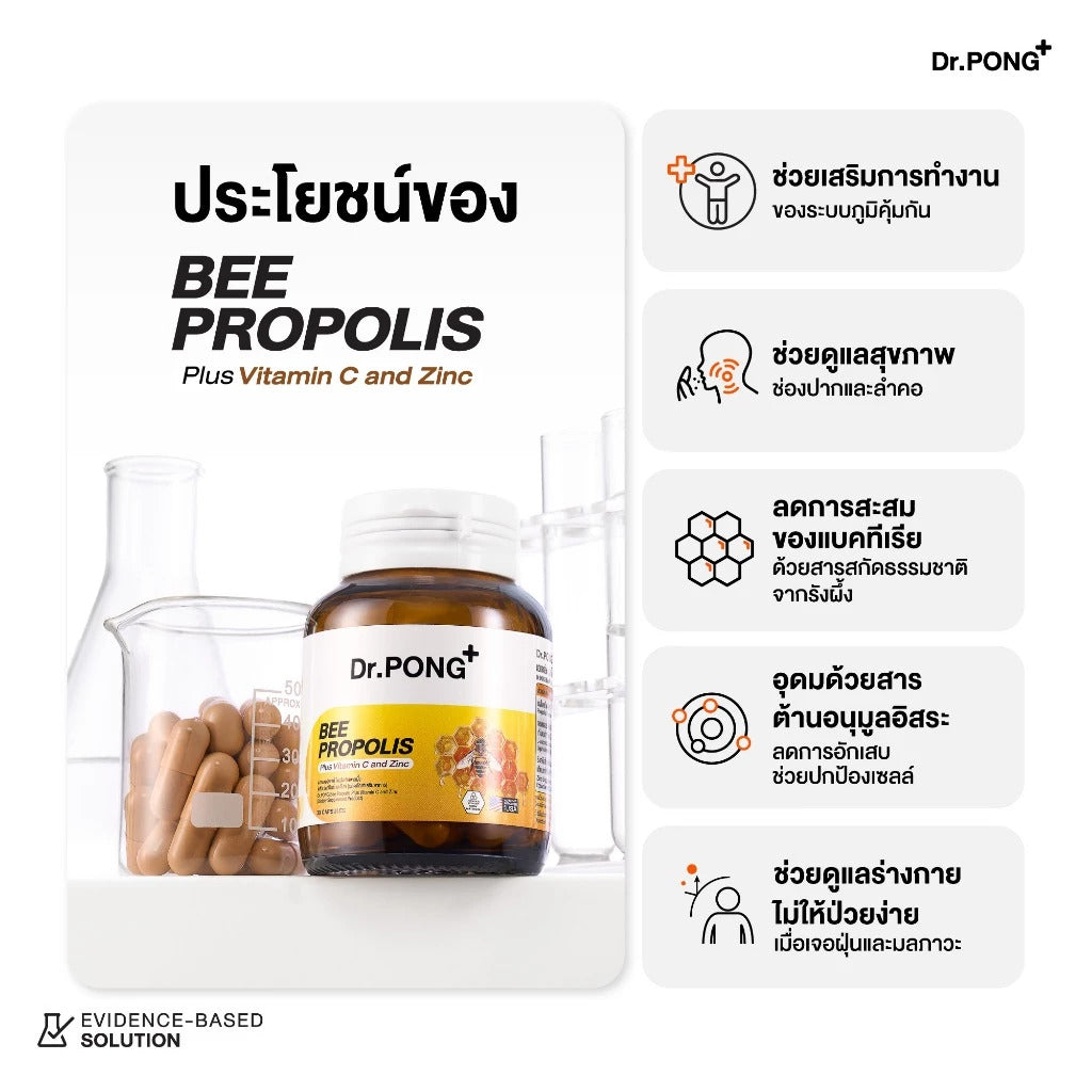 <strong>ผสาน 3 พลังจากธรรมชาติด้วย Bee Propolis เข้มข้นเทียบเท่า Fresh Propolis สูงถึง 12,500 mg* ทำงานร่วมกับ Vitamin C และ Zinc</strong>